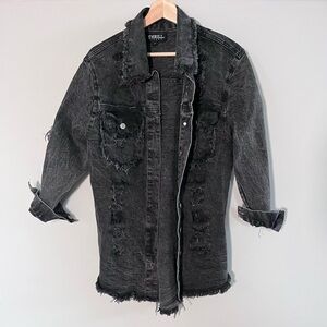 Thrill Small Oversized‎ Black Distressed Denim Jacket Longline Frayed Hem